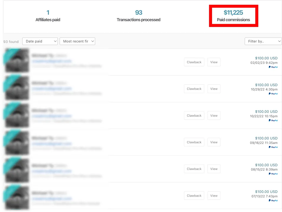 Affiliate dashboard showing $11,225 in paid commissions across 93 processed transactions, with a list of $100 PayPal payouts