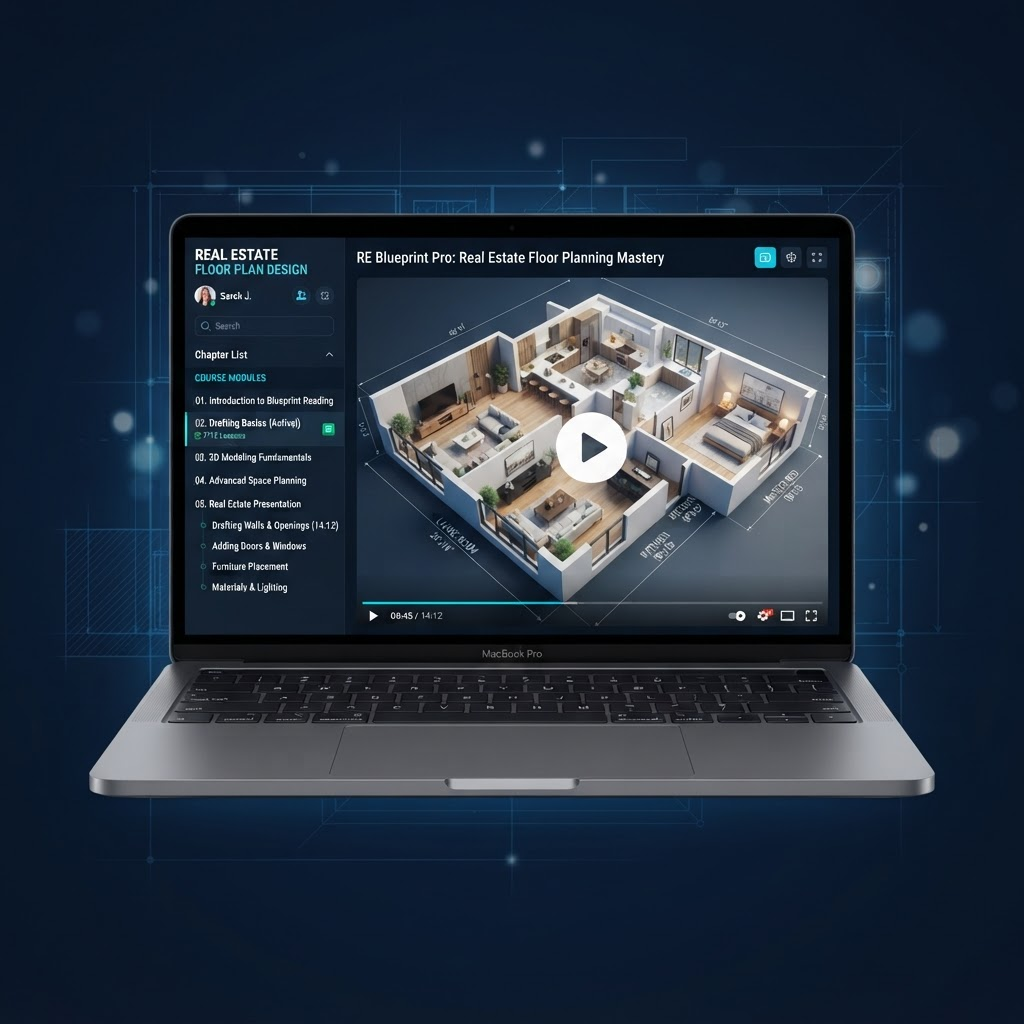 Online course showing floor plan training lessons on a laptop