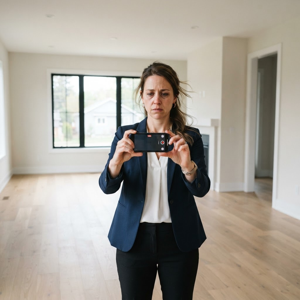 An agent slowly recording a landscape video of an empty room on her phone — the old, slow way to capture a space
