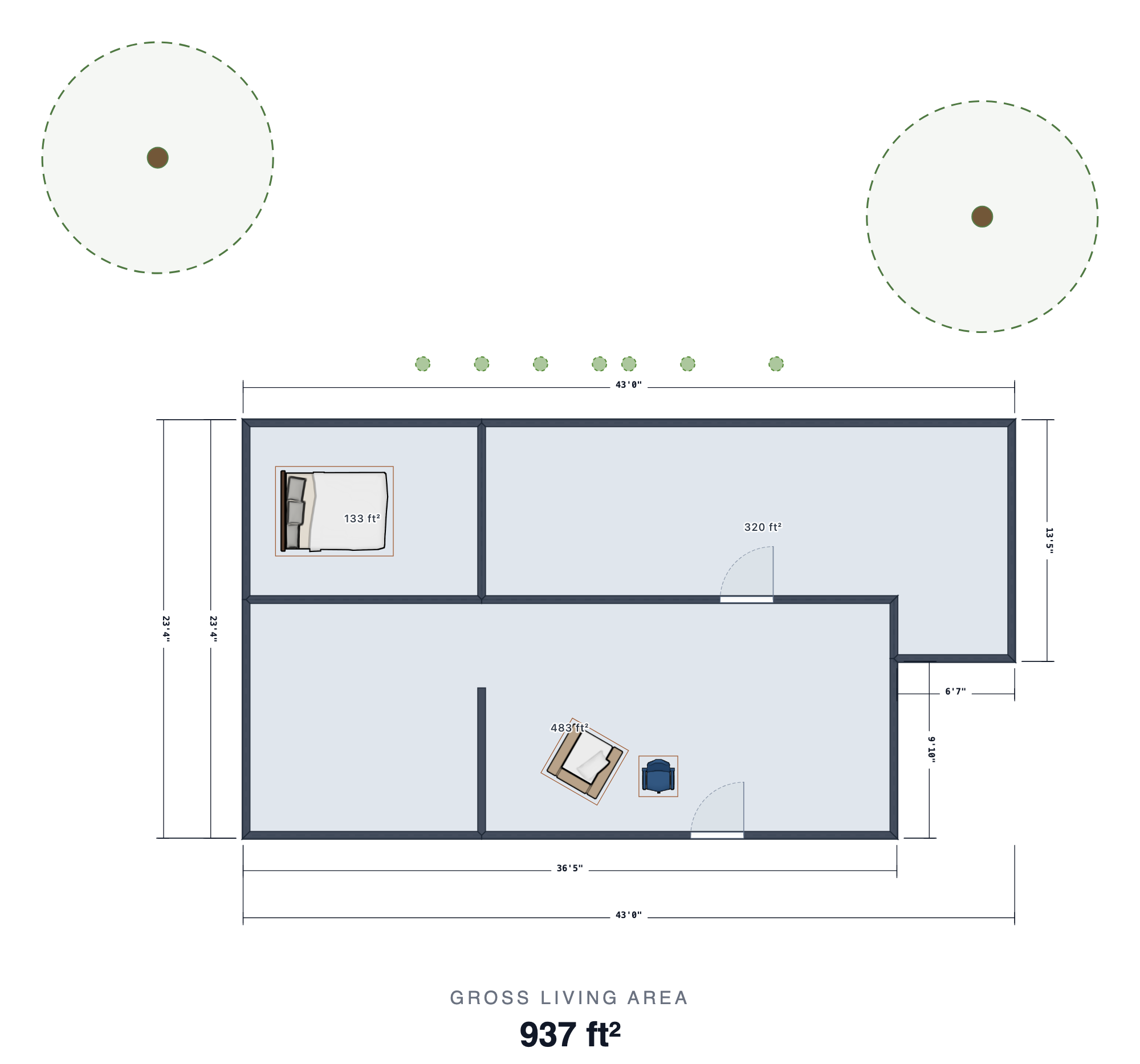 Studio-quality 2D floor plan deliverable showing a 937 square foot gross living area with room dimensions and furniture