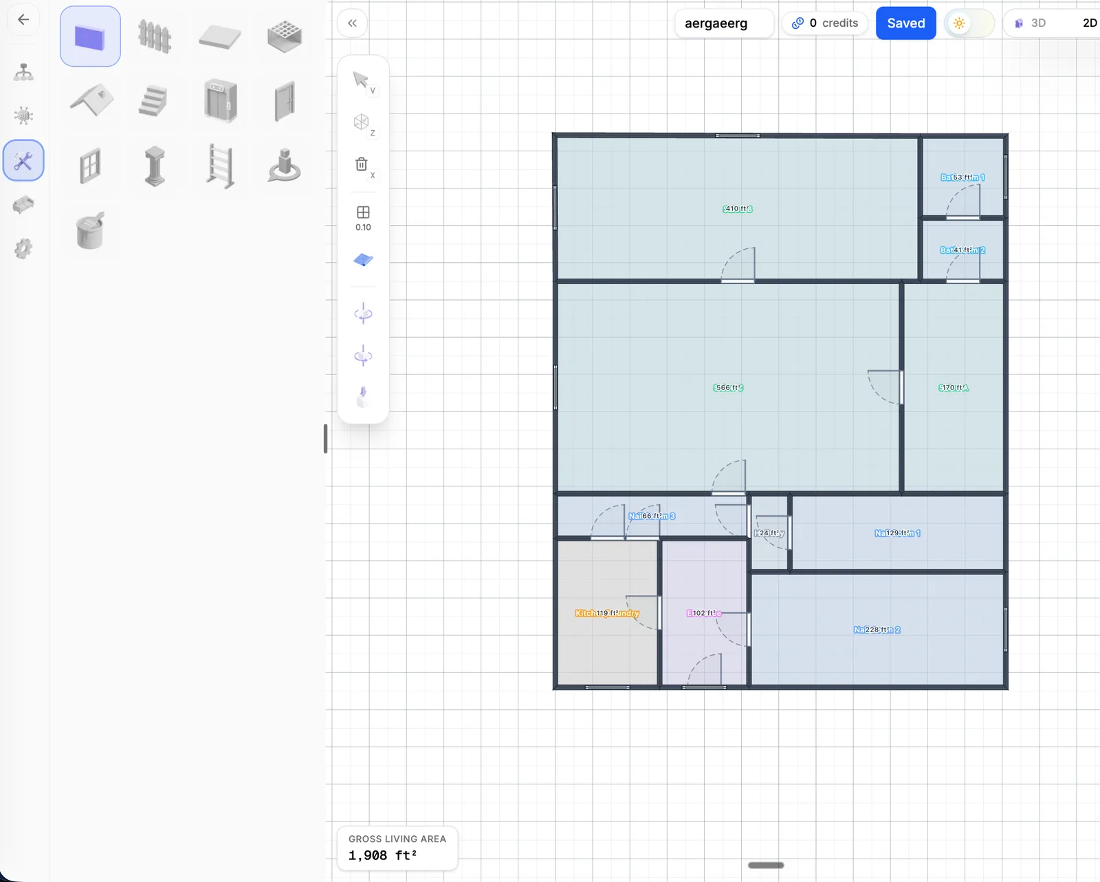 A 2D floor plan drawn in the AI Floor Plan Builder editor, showing labeled rooms and square footage